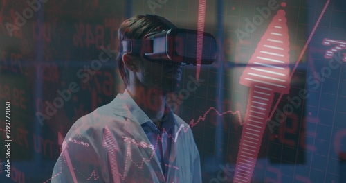 Analyzing scientist wearing white lab coat and VR headset studying hologram market charts in lab