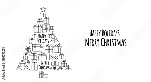 Hand drawn Christmas tree made of gift boxes with holiday greeting.
