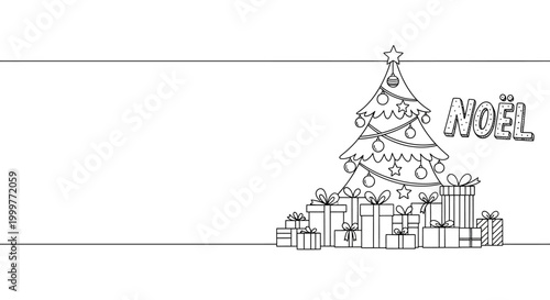 Black and white hand drawn sketch of a decorated Christmas tree with gift boxes.