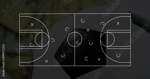 Displaying white full-court schematic over dark pentagon on light-gray disc on beige mat, X O marks