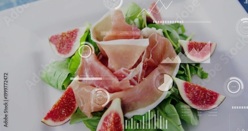 Showing prosciutto rosette resting on greens on white plate on tabletop, with figs and HUD overlays