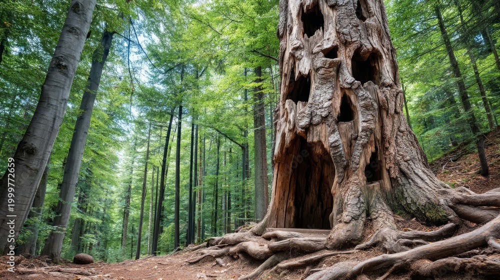 Obraz premium Large Hollow Tree Trunk Carved with Intricate Designs in Lush Green Forest