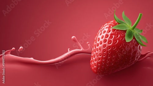 Fresh Strawberry with Splash on Bright Red Background for Culinary and Healthy Lifestyle Imagery