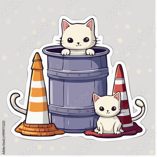 Cute Kittens in a Barrel with Traffic Cones