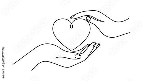 Continuous line drawing of hands holding heart.