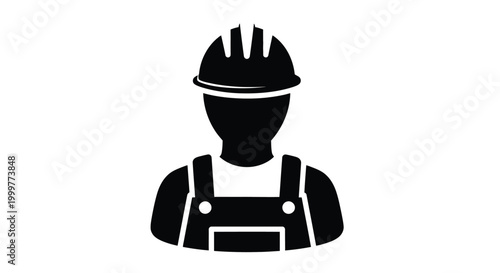 Essential vector graphic illustration presenting a silhouette of a dedicated construction worker or engineer wearing a safety hard hat and protective work overalls design element.
