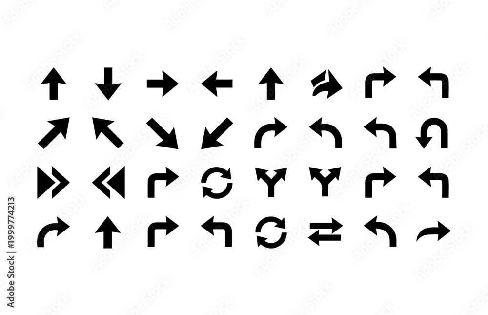 Obraz premium Set of black arrow icons for user interface and navigation design.