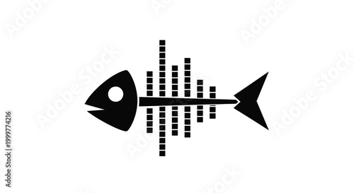 Minimalist black vector illustration of a fish skeleton design incorporating a sound equalizer graphic