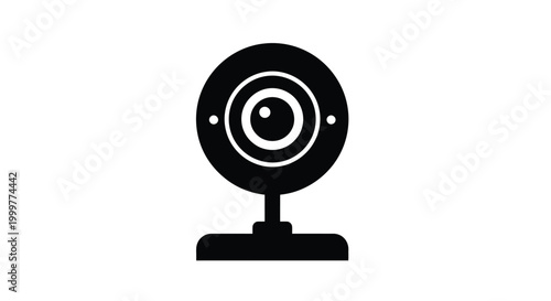 A simple black and white vector graphic illustration depicting a classic webcam device, perfect for technology, communication, and digital media design projects.