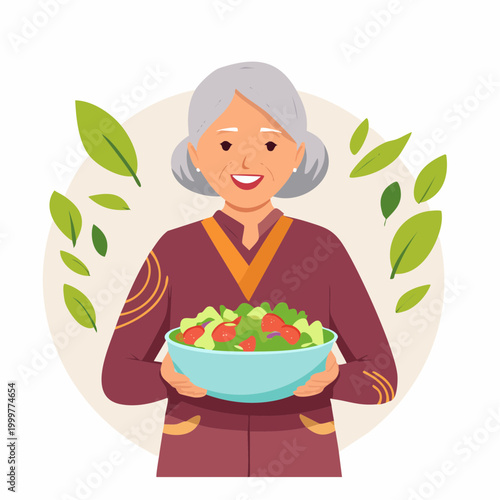 Elderly Woman Holding a Fresh Salad Bowl