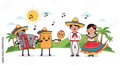 Vibrant cartoon illustration depicting a festive Mexican celebration with traditional music, cheerful characters, and cultural instruments like the accordion and maraca under a sunny sky
