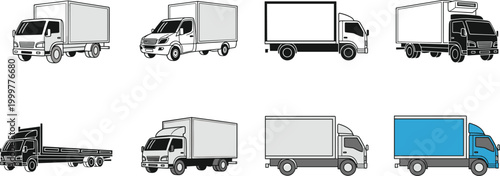 Delivery Truck Vector Set Featuring Different Truck Designs, Sizes, and Configurations for Transport, Logistics, and Shipping Illustrations