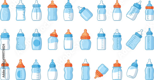 Baby Bottle Vector Set Featuring Different Bottle Designs, Sizes, and Lids for Parenting, Baby Care, and Feeding Illustrations