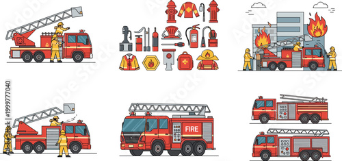 Firefighting Vector Set Featuring Fire Trucks, Firefighters, Rescue Equipment, and Fire Hazards for Emergency Response and Public Safety Illustrations