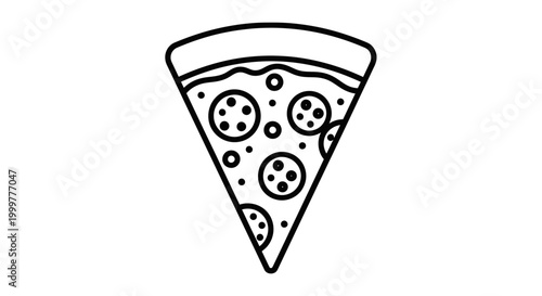 Minimalist vector graphic illustration of a single slice of pepperoni pizza featuring a thick crust and cheese outline