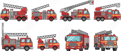 Fire Truck Vector Set Featuring Different Fire Engine Designs with Ladders, Hose Reels, and Rescue Equipment for Emergency Services and Public Safety Illustrations
