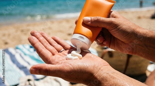 Person Applying Sunscreen Cream on Hand at Summer Beach