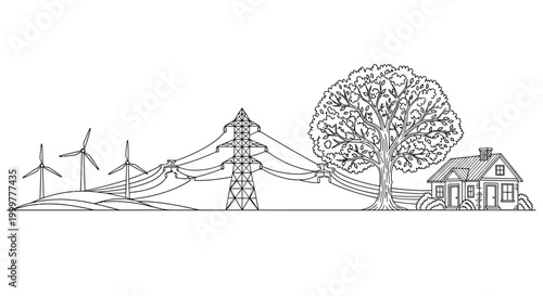 Obraz na plátně Black and white illustration of sustainable energy landscape with power lines