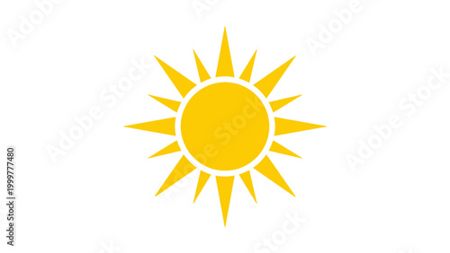 Stylized bright yellow sun icon featuring numerous radiating rays set against a clean white background, embodying warmth, energy, daylight, and the vibrant spirit of summer
