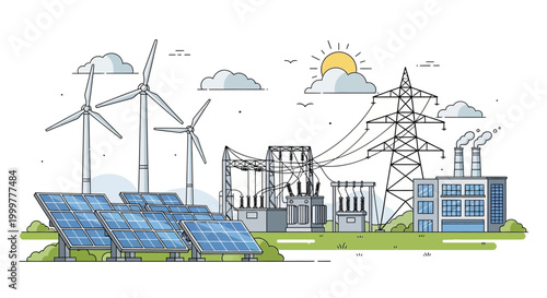 Illustration of sustainable energy power generation and electricity infrastructure.