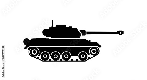 Black silhouette vector illustration of a military battle tank with a long barrel and detailed treads on a white background