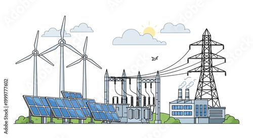Illustration of sustainable energy infrastructure featuring wind turbines solar panels and electrical grid.