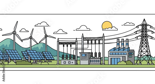 Renewable and Conventional Energy Power Plant Infrastructure Illustration.