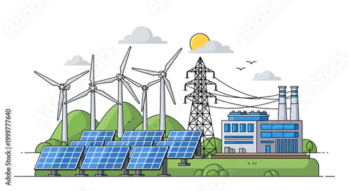 Renewable Energy Power Plant with Wind Turbines and Solar Panels.