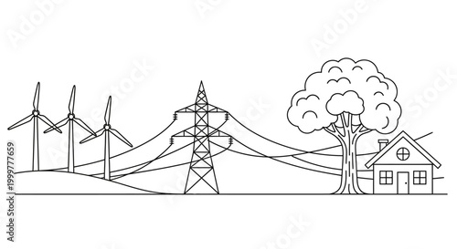 Black and white line art illustration featuring wind turbines and power lines.