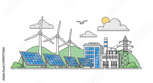 Renewable energy power plant with wind turbines and solar panels.