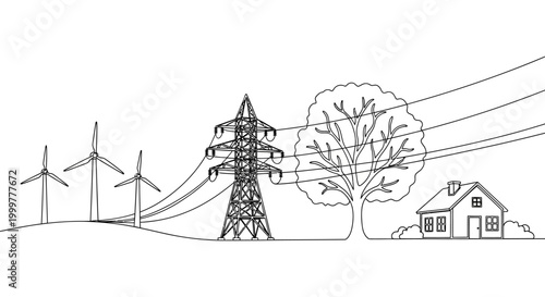 Continuous line art illustration of wind energy power transmission to a residential home.