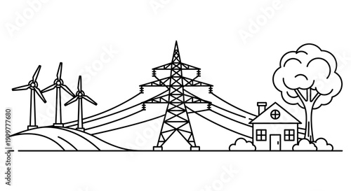 Outline illustration of wind turbines and power transmission tower supplying energy to a residential house.