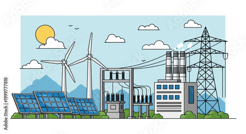 Illustration of sustainable energy power plant with wind turbines and solar panels.