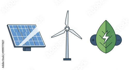 Set of Renewable Green Energy Icons with Solar Panel Wind Turbine and Eco Leaf Isolated