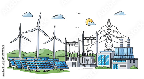 Illustration of sustainable energy power plant with wind turbines and solar panels.