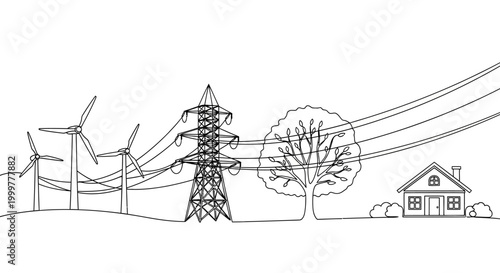 Continuous line drawing of sustainable energy landscape with wind turbines and electricity infrastructure.