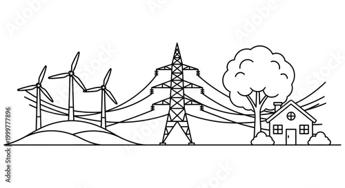 Black and white line art illustration of wind turbines and power lines near a house.