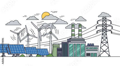 Illustration of sustainable energy power plant with wind turbines and solar panels.