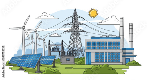 Industrial power plant with wind turbines and solar panels for renewable energy production.