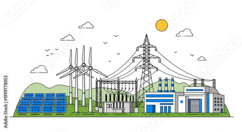 Renewable and Conventional Power Generation Facility Illustration.