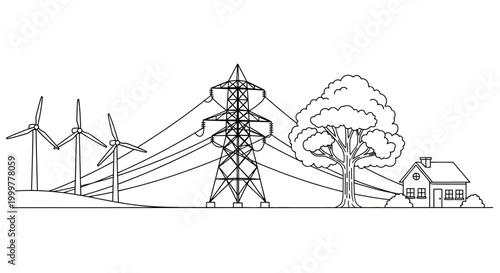 Black and white line art illustration of wind turbines power lines and a house.