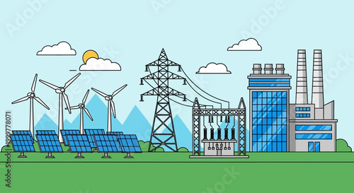Renewable energy and traditional power plant infrastructure vector illustration.