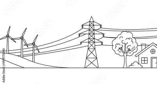 Black and white line drawing of wind turbines and electricity transmission tower.