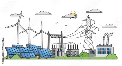 Renewable Energy Power Plant Infrastructure Illustration.