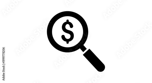 A minimalist vector illustration graphic design of a magnifying glass revealing a dollar sign symbol representing financial search and discovery