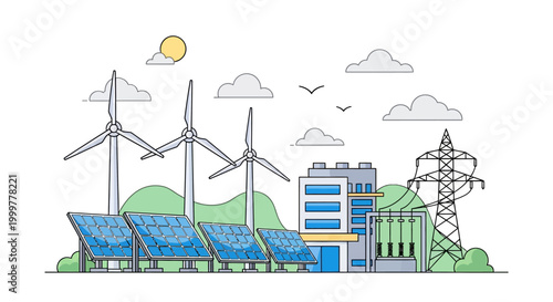 Renewable energy power station with wind turbines and solar panels.