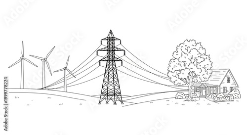 Hand drawn illustration of a power transmission tower with wind turbines and a house.