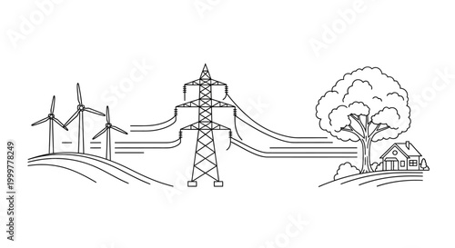 Hand drawn illustration of wind turbines and electricity power transmission tower.