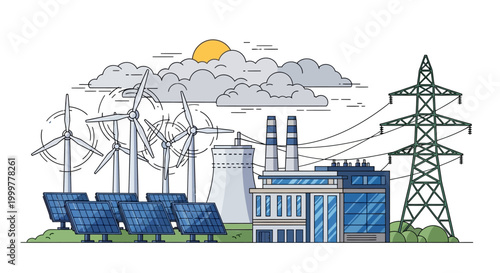 Illustration of sustainable energy power plant with wind turbines and solar panels.