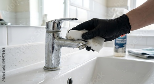 Close-up of a gloved hand cleaning a chrome faucet with a sponge in a bathroom sink